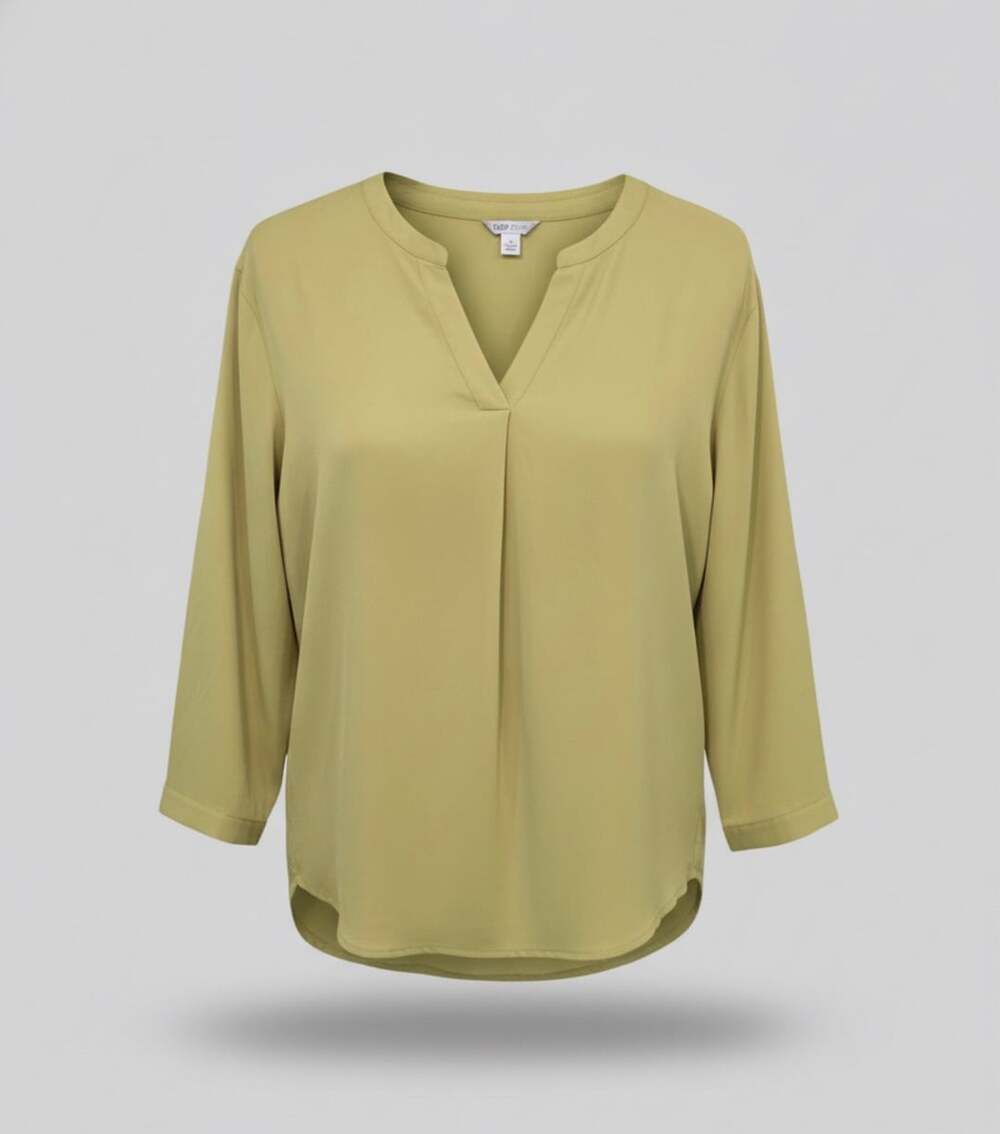 Cato Blouse Size L Olive Green V-Neck 3/4 Sleeve Pleated Top
